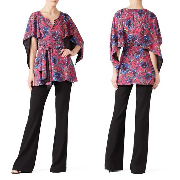 Prabal Gurung Collective Pink Floral Cape-Sleeve Belted Tunic Blouse Size 6 - Picture 1 of 16